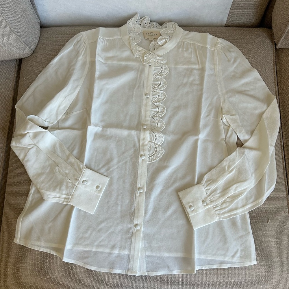 BEST Sezane Chlo Silk Blouse Ecru Ivory White French Classic Causal FR38/US6 - Picture 8 of 14